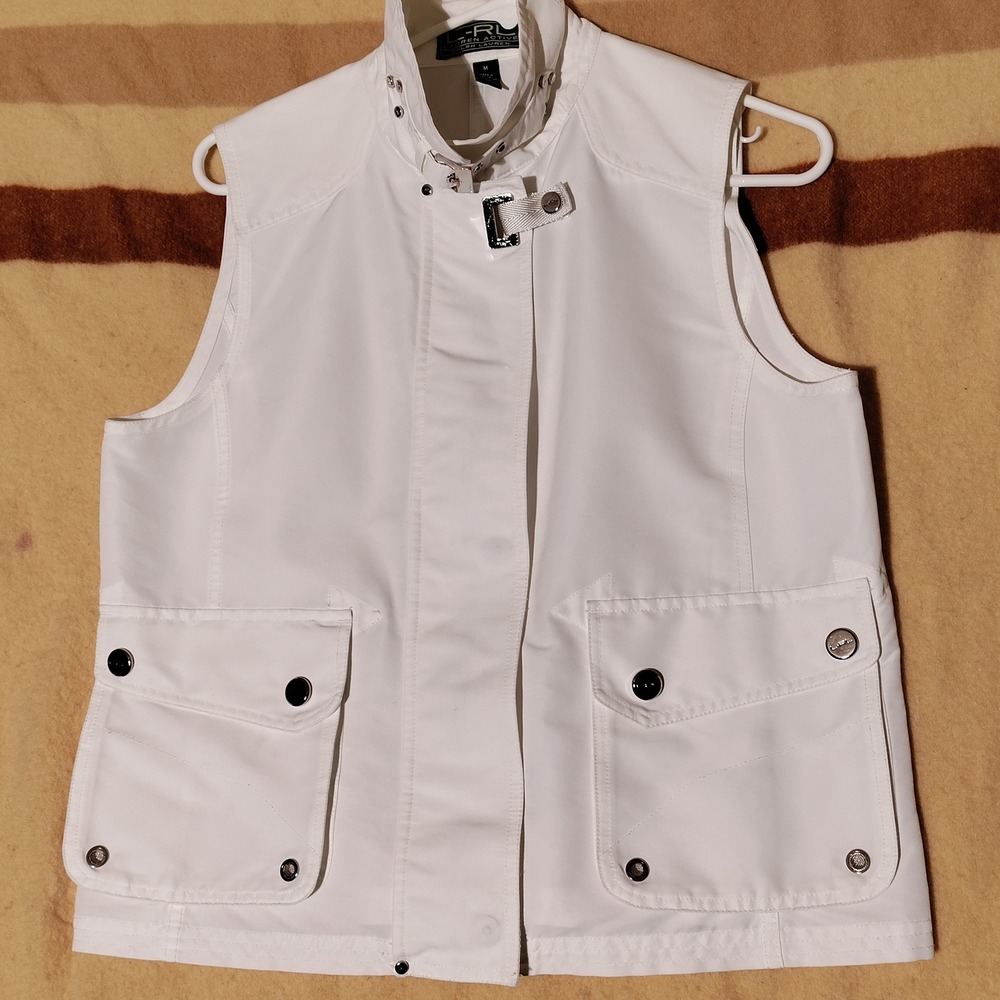 Lauren Active Ralph Lauren White Utility Vest Mock Neck Buckle Pockets Womens M